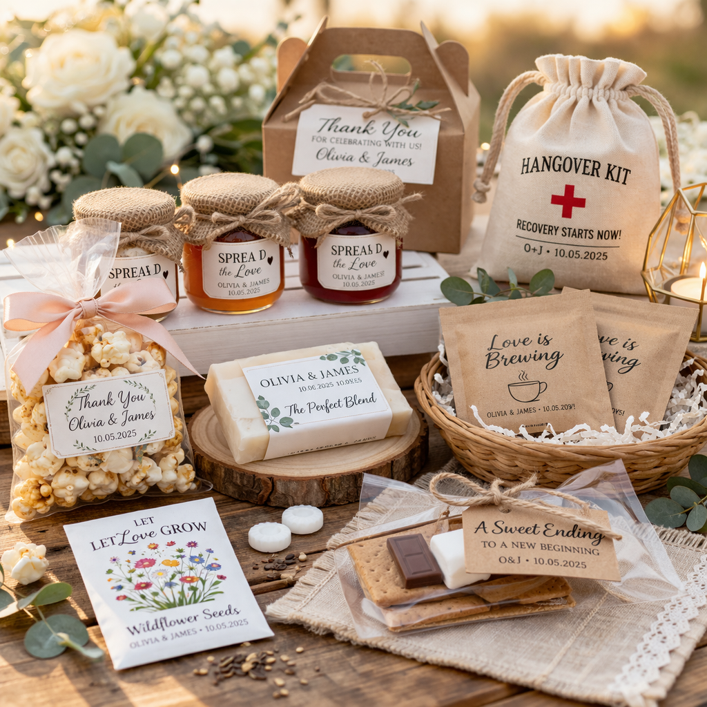 Elegant wedding reception details with favors on display