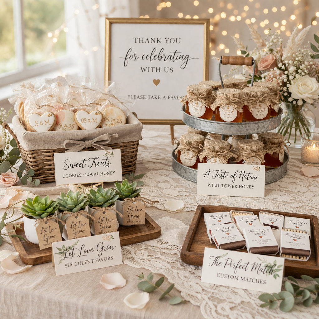 Wedding favor display with personalized gifts and edible treats
