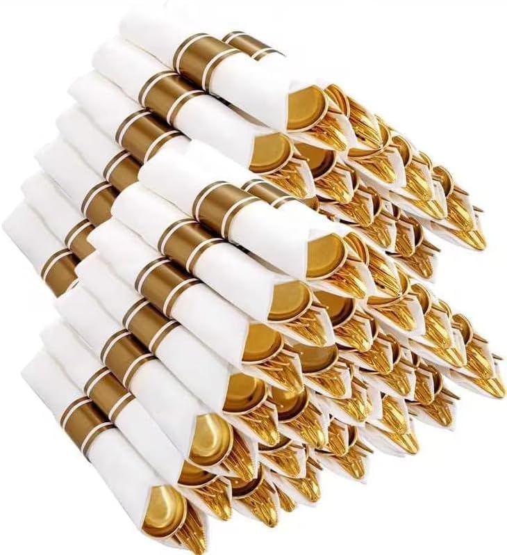 Gold plastic silverware sets with napkins for weddings and receptions