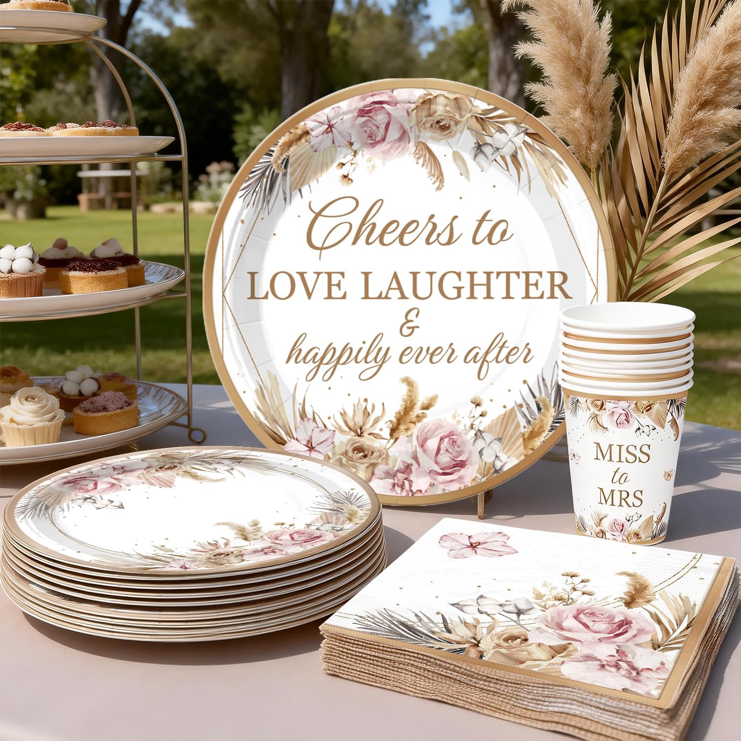 Boho bridal shower banner plates napkins and tablecloth decor set