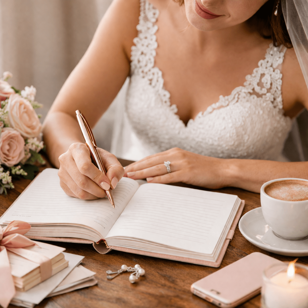 Bride using wedding planner notebook to organize wedding budget and vendors