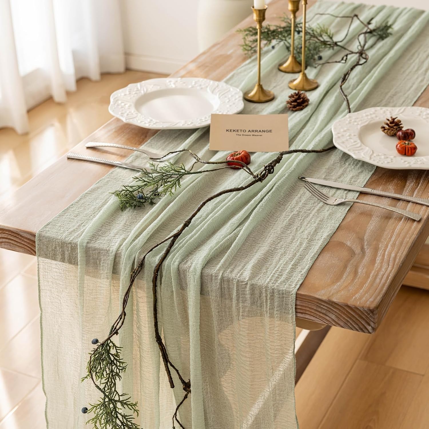 Sage green cheesecloth table runner for bridal shower table decor