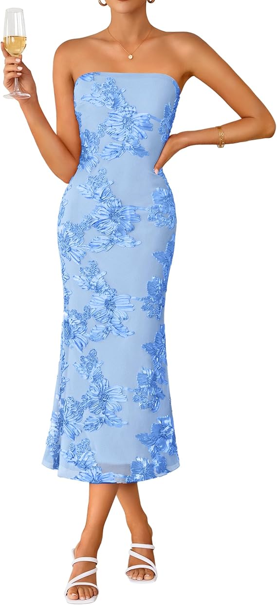 strapless floral midi dress for spring wedding guests