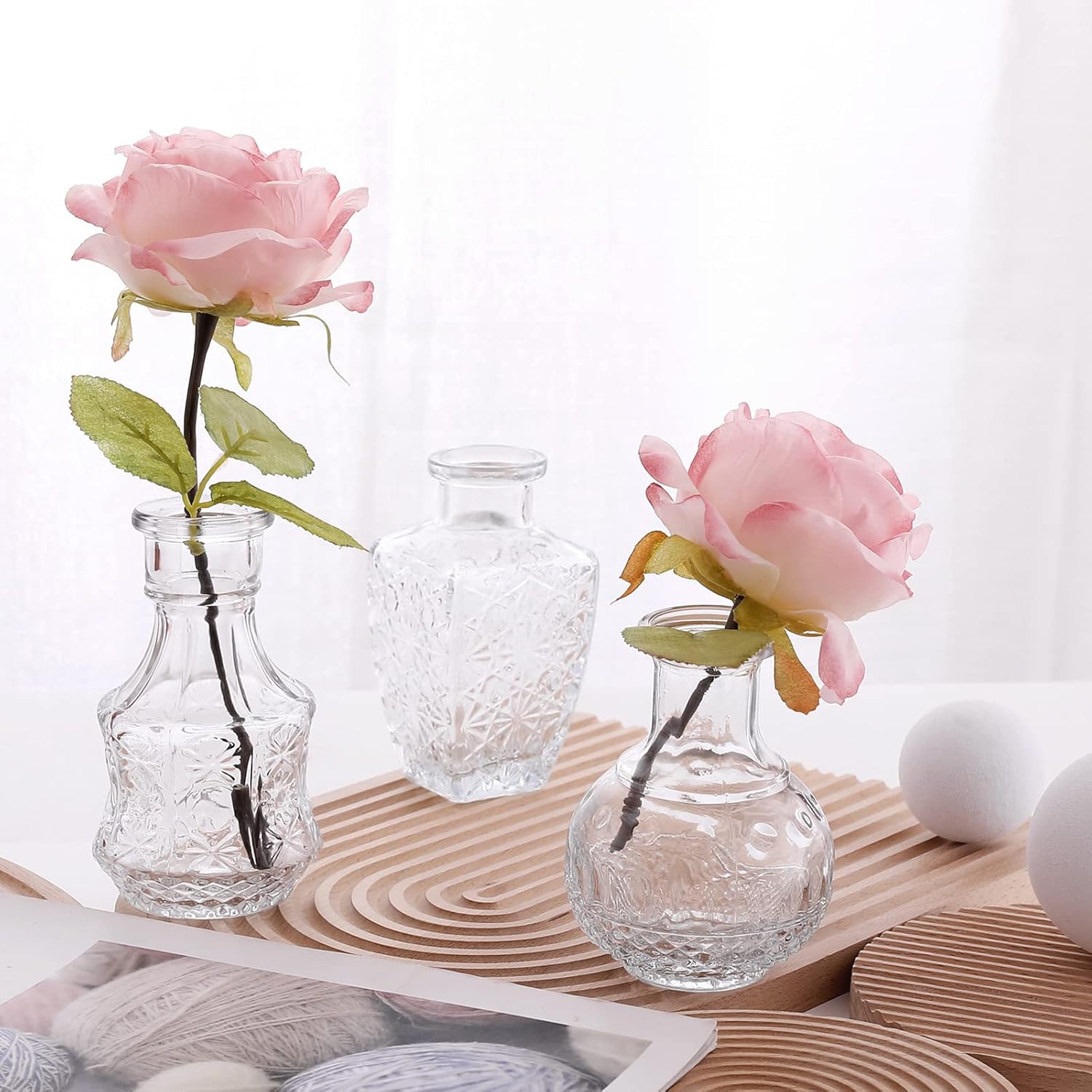 Vintage glass bud vases for wedding table centerpieces