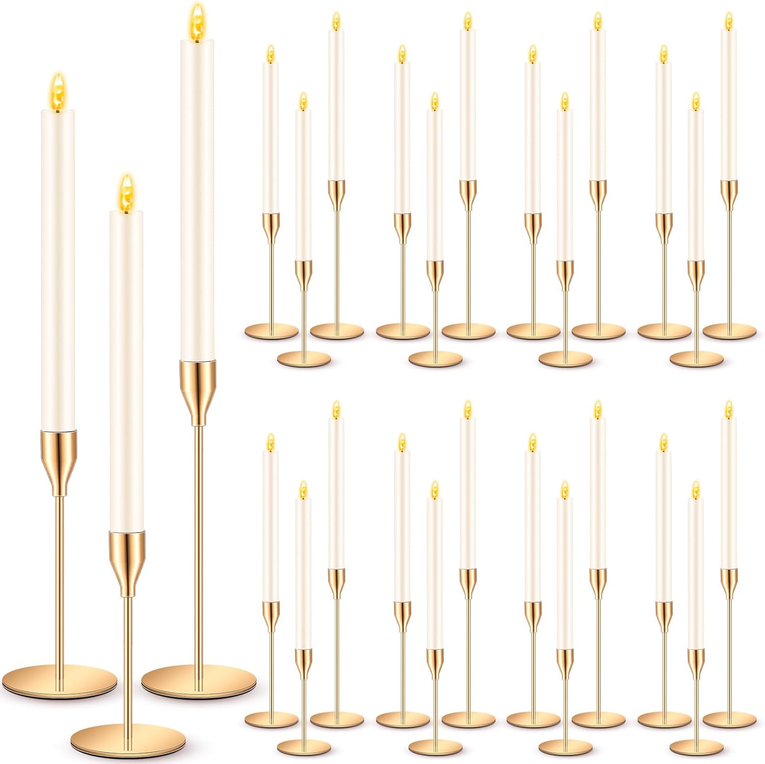 Gold candlestick holders with flameless taper candles for wedding table decor
