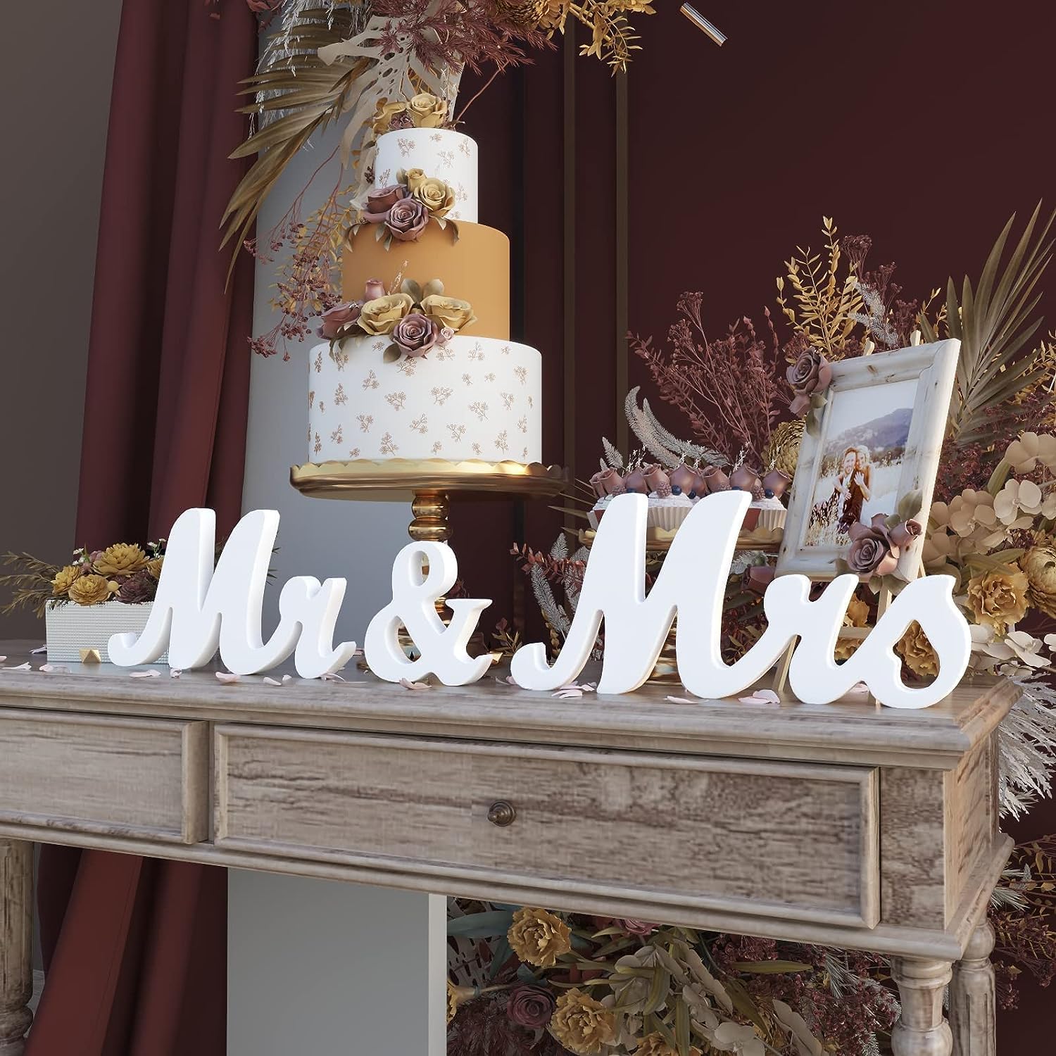 Mr and Mrs sign for wedding sweetheart table decor