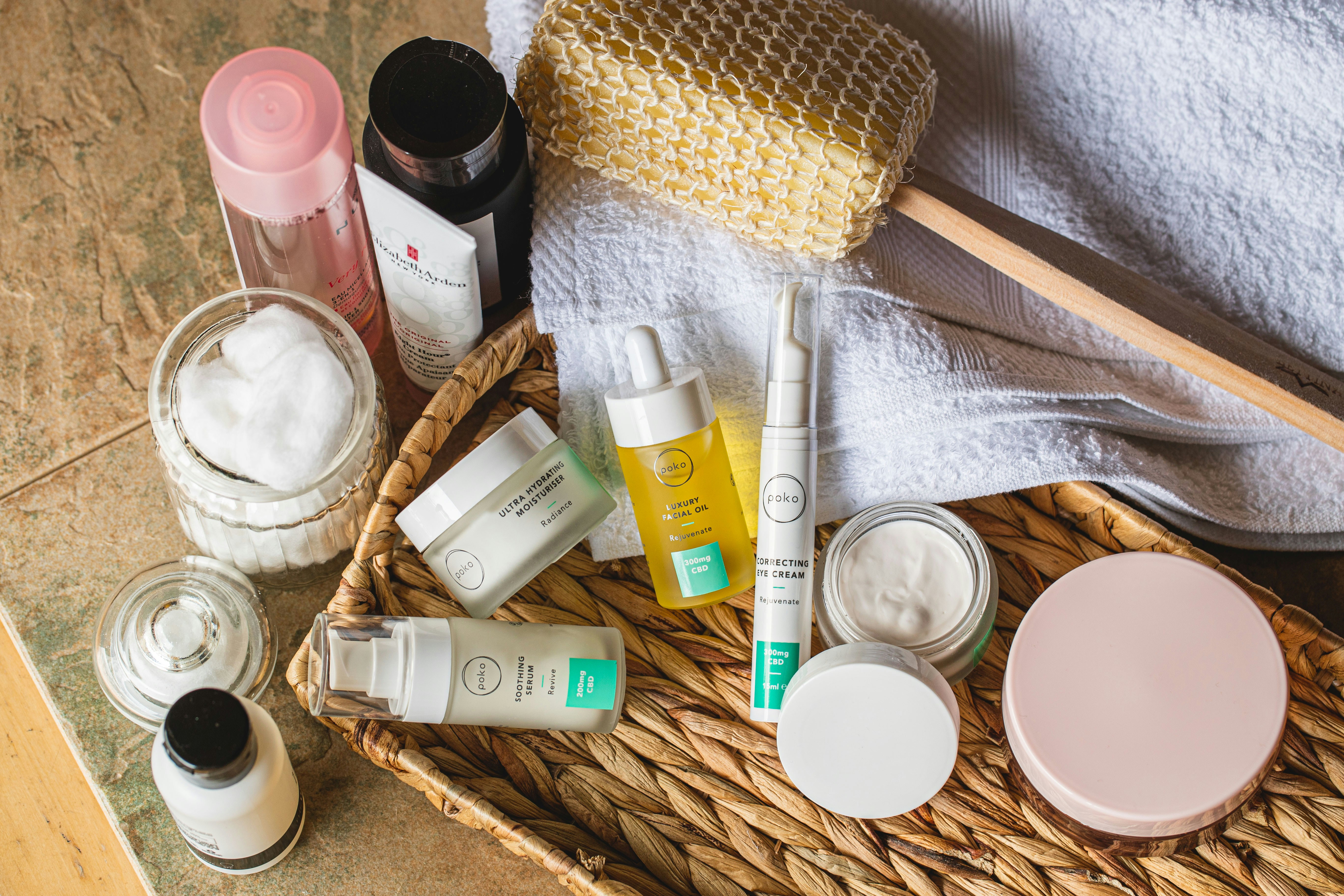 Bathroom basket with lotion and personal care items