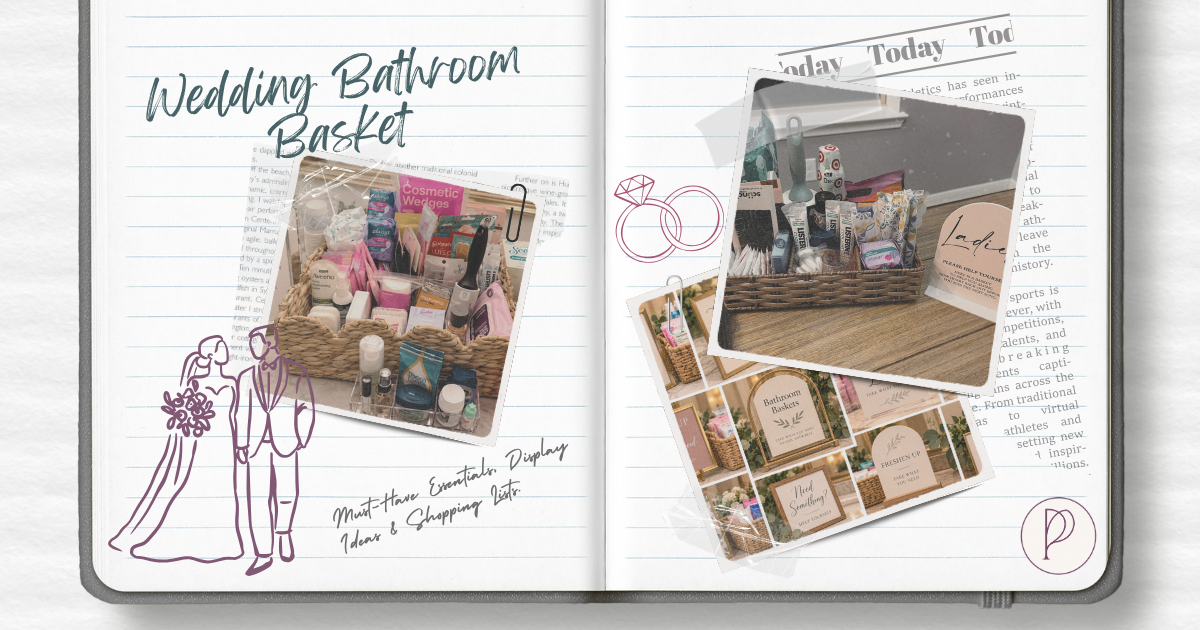Wedding bathroom basket inspiration featuring ladies' and gentlemen's baskets, creative display ideas and wedding bathroom signs.